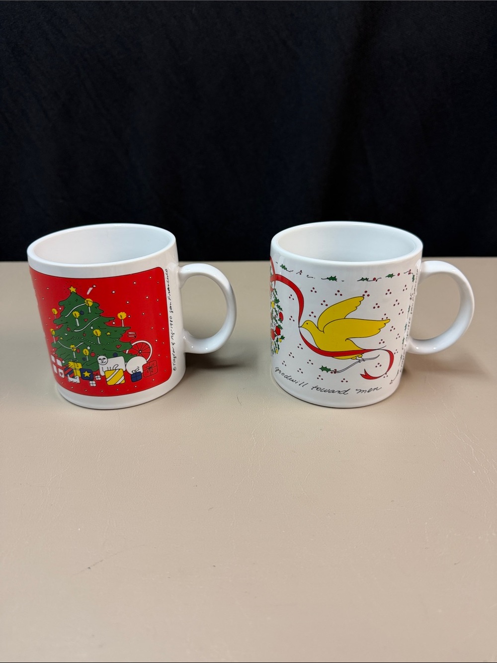 Festive Ceramic Holiday Mug set- Red & White Christmas Designs by Taylor & NG